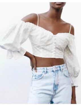 Zara sheer long-sleeve crop top polka dot boho Sz S